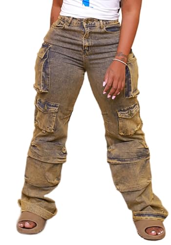Unybwonn Women Cargo Jeans High Waist Wide Leg Patchwork Denim Pants Baggy Y2k Streetwear Pants with Multi Pockets