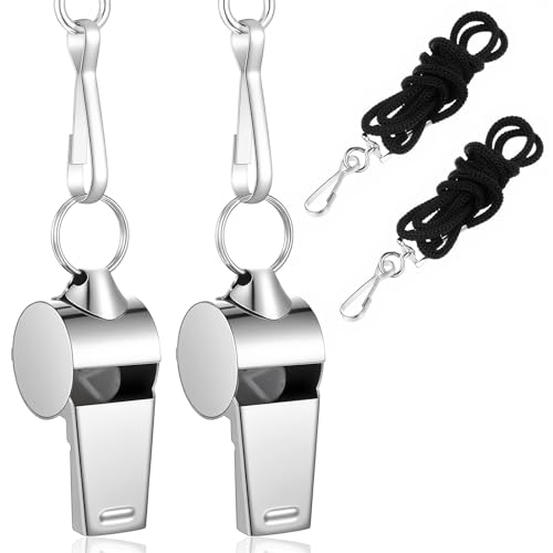 2 Stück Edelstahl Trillerpfeife,Silber Schiedsrichter Pfeife,Metall Whistle mit Umhängeband,Profi Sportpfeifen,Personalisiert Trillerpfeife für Schulsport Fußball Hundetraining Sportunterricht