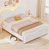Lihimte Boucle Bed Frame Full Size, Upholstered Platform Bed with Adjustable Headboard, Cloud Bed Frame with LED Lights, Modern Heart-Shaped Design, No Box Spring Required, Easy Assembly, White