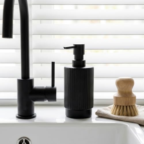 Image of VIMERPA Black Soap Dispenser, 10 fl oz Hand Soap Dispensers for Bathroom, Matte Black Ribbed Glass Dish Soap Dispenser for Kitchen with Pump, Modern Refillable Liquid Soap Pump Bottle
