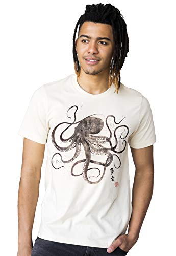 Strand Clothing T-Shirt de Calligraphie Japonaise Pieuvre - Art Traditionnel pour Homme et Femme - Ecru - Small