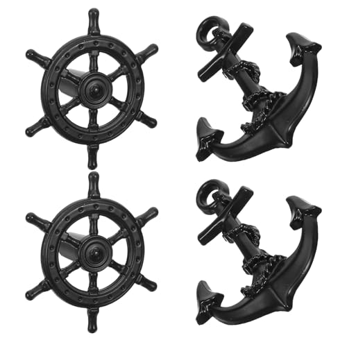CLISPEED Tiradores de Armario Vintage de Metal Diseño Náutico en Forma de Ancla y Timón, 4 Piezas (2 Spray Negro 2 Negro), Tiradores para Cajones y Muebles Antiguos, Herrajes Decorativos