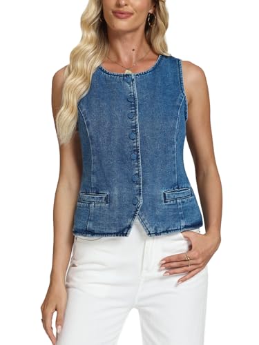 D-Sun Women Denim Vest Sleeveless Crew Neck Button Down Jean Vest Tank Tops Trendy Casual Jean Jacket Waistcoat