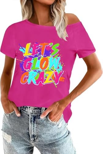 80s Shirts for Women Let's Glow Crazy Shirt Off The Shoulder Neon Top Vintage 90s 80s Themed Party Outfits