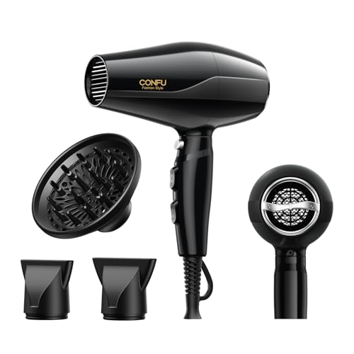 Professional Salon Hair Dryer, CONFU 1875 Watt Negative Ionic Fast Drying Blow Dryer, AC Motor Low Noise Hair Blow Dryer with Diffuser & 2 Concentrator Nozzles