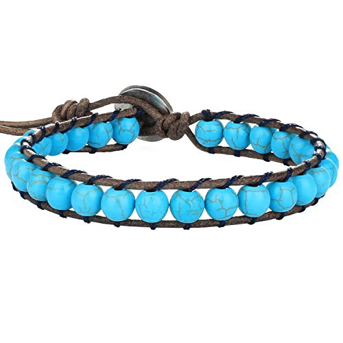 KELITCH New Turquoise Bracelets Skull Beaded Wrap Bracelet on Brown Leather Bracelets Handmade Jewelry