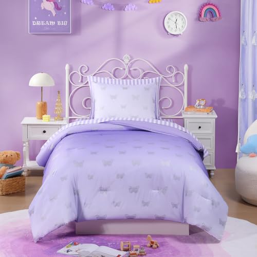 Image of Twin Comforter Set with Sheets for Girls-5 Pieces Twin Bedding Sets | Soft Purple White Gradient Ombre Comforter with Pillowcases & Shams, Silver Butterfly, 66 inch X 86 inch