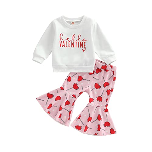 KtwHarnu Toddler Baby Girl Valentines Outfit Letter Print Long Sleeve Crewneck Sweashirt Top Heart Bell Bottom Pants Set (Hello Valentine, 18-24 Months)