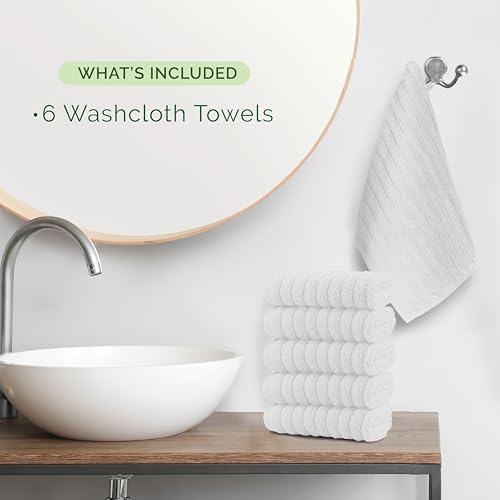 Image of Elegant Comfort 100% Turkish Cotton Corduroy Ribbed Luxury Washcloths 6 Pack Soft 13 x 13 Inch - Higly Absorbent, Durable, Quick Dry, Spa Premium Hotel Quality for Bathroom or Travel, White