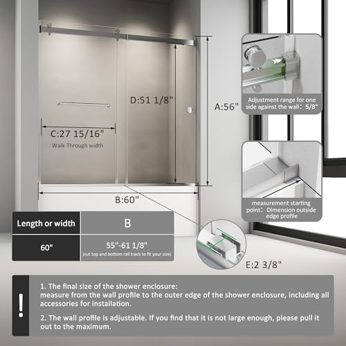 Image of Bathtub Sliding Door, 55 inch-60 inch W x 56 inch H Tub Shower Door, Bathtub Glass Door, Bathtub Double Sliding Tempered Glass Explosion-Proof Film Stainless Steel Brushed Silver