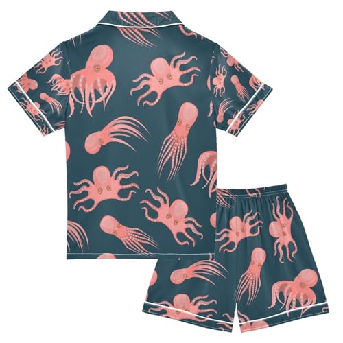 senya Cartoon Cute Octopus Satin Summer Pajama Sets Silk Short Sleeve Button Down Sleepwear2