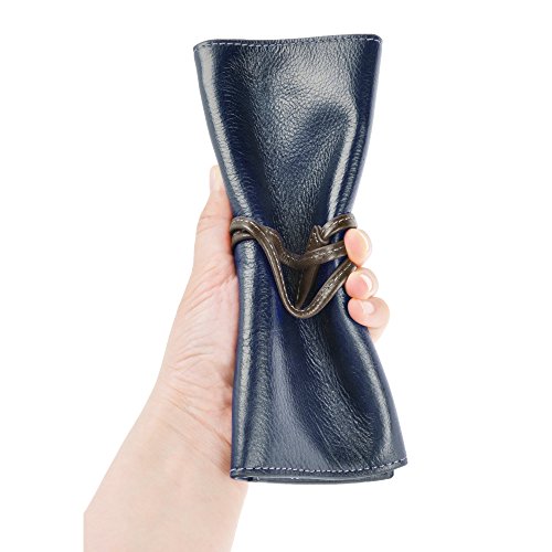 Image of ZLYC Handmade Leather Pencil Case Soft Roll Bag Stationery Gift,Blue | multi slot pen storage design,school class daily use,office desk organizer,graduation holiday gift,foldable portable size
