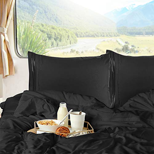 Nestl Black Short Queen Sheets for RV, Hotel Luxury RV Queen Sheets Set, 6 Piece Fitted Bed Sheet Set and Pillowcases, Super Soft, Wrinkle-Free, and Breathable Camper Bedding