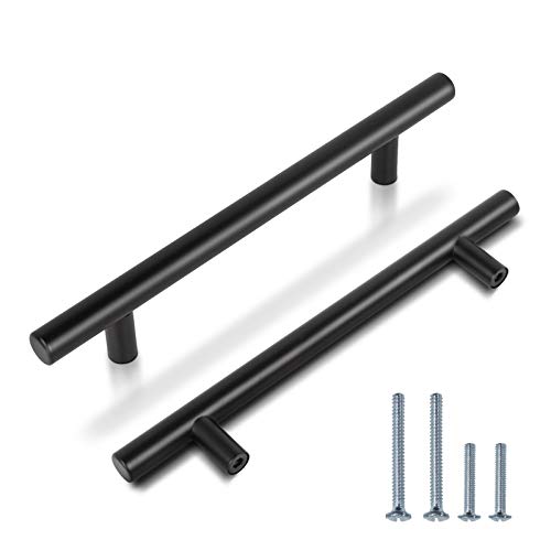 25 pomos de acero inoxidable para puerta de muebles de cocina y tiradores de armario, barra en T, tubo hueco, acero inoxidable, Negro plano., Hole Spacing: 192mm
