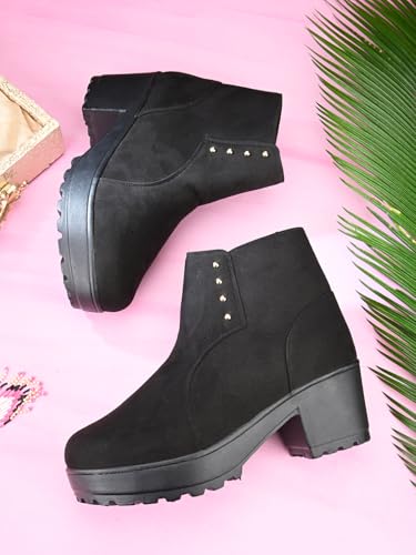 Image of XE Looks 100% Vegan Leather Women's Black Suede Ankle Boots for Women | Chunky Heel with Decorative Studs | Comfortable & Stylish Winter Boots For Girls & Women