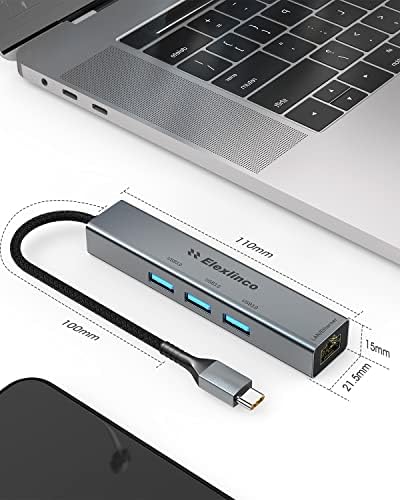 Elexlinco USB C Hub, Slim Type C to 4 Port USB 3.0 Adapter with a 1000Mbps Rj45 Ethernet Port and 3 USB 3.0 Ports, High Speed USB Splitter Compatible with MacBook Pro/Air, iPad Pro, Dell, XPS and More