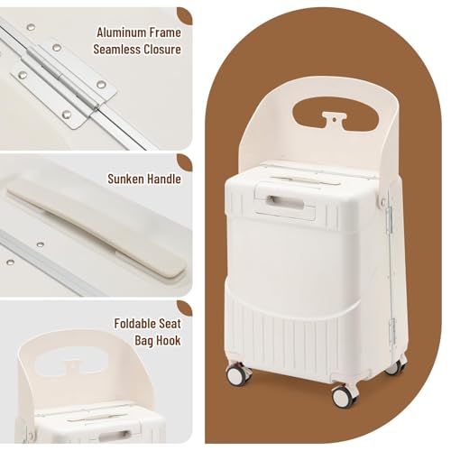 22'' Hardside Ride-On Suitcase with Seat for Kids & Adults – Travel Luggage with 360° Spinner Wheels, Lockable TSA Lock & Seat Belts, Foldable Stool for Airport Waiting