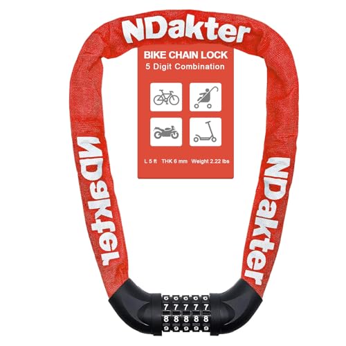NDakter Bike Chain Lock, 5 Digit Combination Heavy Duty Anti Theft Bicycle Chain Lock,2.62/3.2/4.27/5/6Ft Long Security Resettable Bike Locks for Bike, Bicycle, Scooter, Door, Gate, Fence-4/6mm Thick