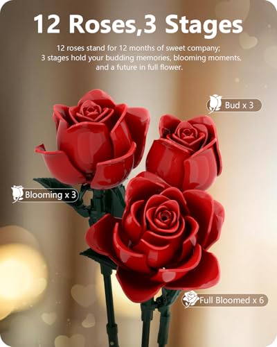 Image of Red Roses Bouquet Building Set, 12 Forever Roses Flowers Bouquet Botanical Collection, Compatible with Lego Rose Flowers, Valentines Day Gifts for Her Girlfriend Mom Wife