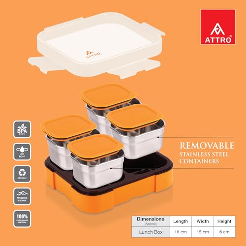 Image of ATTRO Admire-4 Insulated Lunch Box | 4 Removable Stainless Steel Containers with Lids | BPA-Free, Food Grade, Leak-Proof| Ideal for School, Office & Outdoor Use| 800ml, Tangy Orange