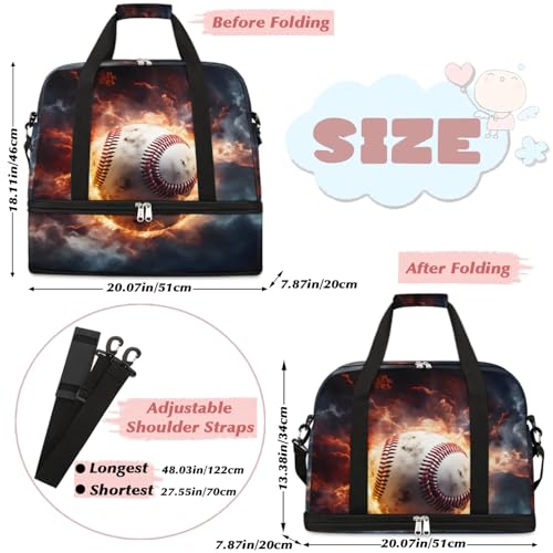 Travel Duffel Bags Flame Baseball Foldable Weekender Bags for Women with Shoes Compartment Waterproof & Tear Resistant Carry on Overnight Luggage Duffel Bag Shoulder Sports Tote Bag2