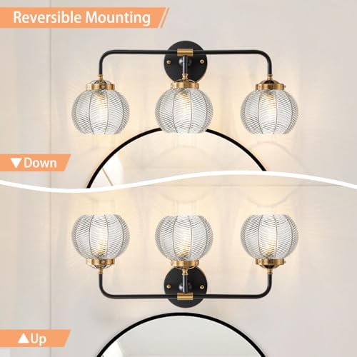 Image of Farmhouse Vanity Light Vintage Modern Light Fixture for Bathroom Globe Wall Sconce Indoor Clear Glass Ribbed Mid Century Wall Sconce 3 Lights Over Mirror Vanity Lighting Bathroom