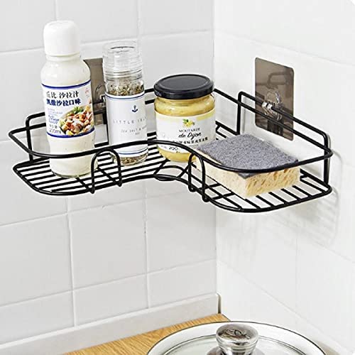 Image of Stainless Steel Self-Adhesive Metal Storage Organizer Bathroom Corner Rack Shelves (Black)