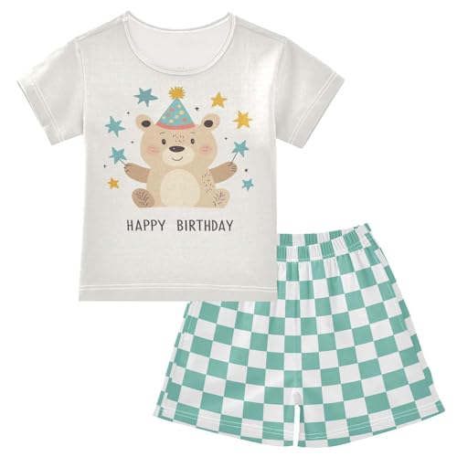 Checkerboard Plaid Bear Holding Stars Ivory Pajama Set Short Sleeve Summer Pajamas Shorts Sets PJ Clothes Set Soft 5Y