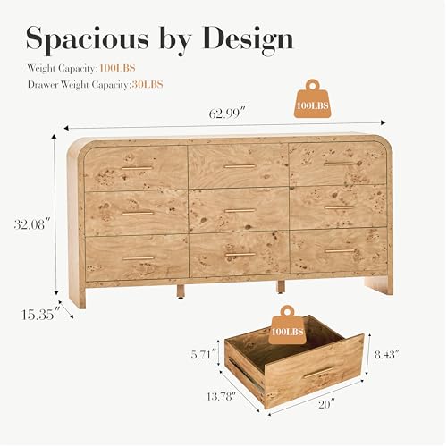 Image of Curved 9-Drawer Dresser for Bedroom, 63 inch Wide Modern Chest of Drawers, Vanity Desk TV Stand for Living Room, Closet Storage Drawers Organizer Furniture, Nursery, Hallway, Light Burl