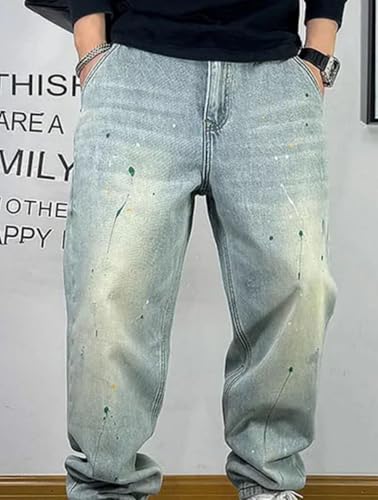 Men’S Streetwear Splash Ink Loose Denim Cargo Pants Slim Fit Full Length Button Fly Light Distressed Wash Trousers2