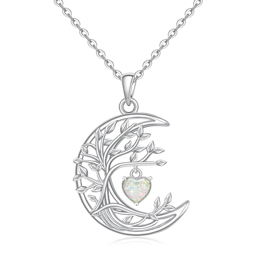 Opal Tree of life Necklace for Women Sterling Silver Moon Tree of life Pendant Moon Heart Opal Necklace Jewelry Christmas Gifts