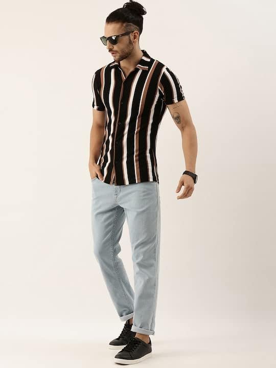 Image of Men's Striped Slim Fit Half Sleeves Stratchable Printed Shirt