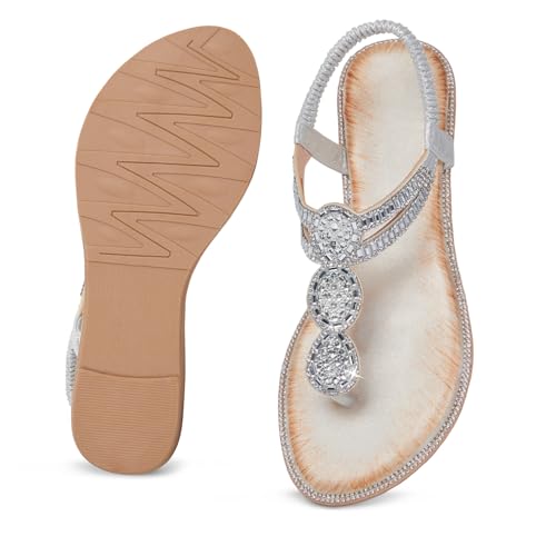 Image of iCKER Women Rhinestone Sandals T-Strap Buckle Bohemian Pearl Crystal Flat Sandals