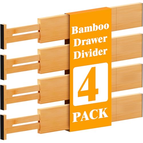 Bamboo Drawer Dividers, 12-21 Inch Kitchen Adjustable Drawer Organizers | Expandable Dresser Separators for Clothes, Ideal for Kitchen, Bathroom, Vanity, Office Organization and Storage, 4-Pack