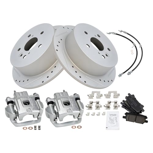 Image of TRQ Performance Rear Brake Pad and Rotor Set Ceramic Slotted Drilled Coated Calipers Compatible with 04-06 Lexus RX330 06-08 RX400h 07-09 RX350 06-07 Toyota Highlander with All Wheel Drive