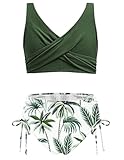 Arshiner Mädchen Bikini Set Twist Front Tankini Bikinihose mit Kordelzug Kinder Grüne Blätter Badeanzug Zweiteiliger Hohe Taille Schwimmanzug 160/13-14 Jahre