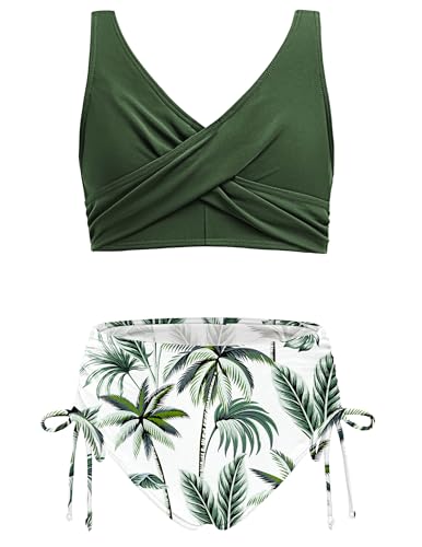 Arshiner Girls Swim Separates Kids Bikini Set Dark Green Leaves Swimming Costume V-Neck Tankini Sommer Swimsuit High-Waisted Bikini Bottoms with Drawstring 150/11-12 Years