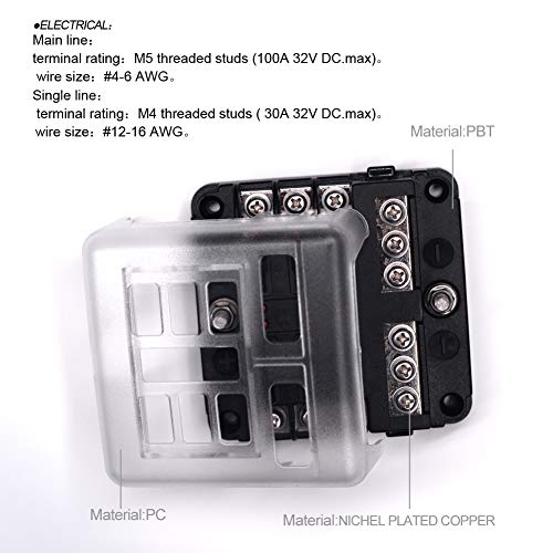 6-Way Fuse Block W/Negative Bus - JOYHO ATC/ATO Fuse Box with Ground, LED Light Indication & Protection Cover, Bolt Connect Terminals,70 pcs Stick Label, For Vehicle Car Boat Marine Auto - Thumbnail 3