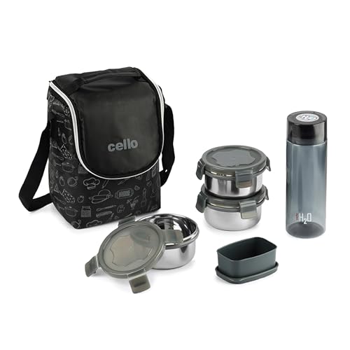 Image of CELLO Complete Meal Lunch Box Set with Jacket For Office Use Black | 3 x 300ml Steel Container, 1 x 130ml Pickle Container, 500ml Water Bottle With Spoon & Fork | Airtight Tiffin Box Set For Daily Use