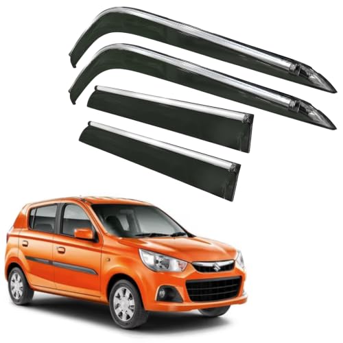 Image of CAR SAAZ Side Door Visors for Alto K10 (2014-2022) (Set of 4Pcs) | Smoke Finish Chrome Lined Rain Guards, Polycarbonate