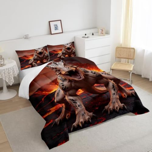 Image of King Size Dinosaur Comfortr Set Boys Kids Bedding Set Room Decor | Scary Monster Dinosaur 3 Piece Bedding Set for Boys Teens, Soft Microfiber All Season Bed Set with 1 Comforter 2 Pillowcases