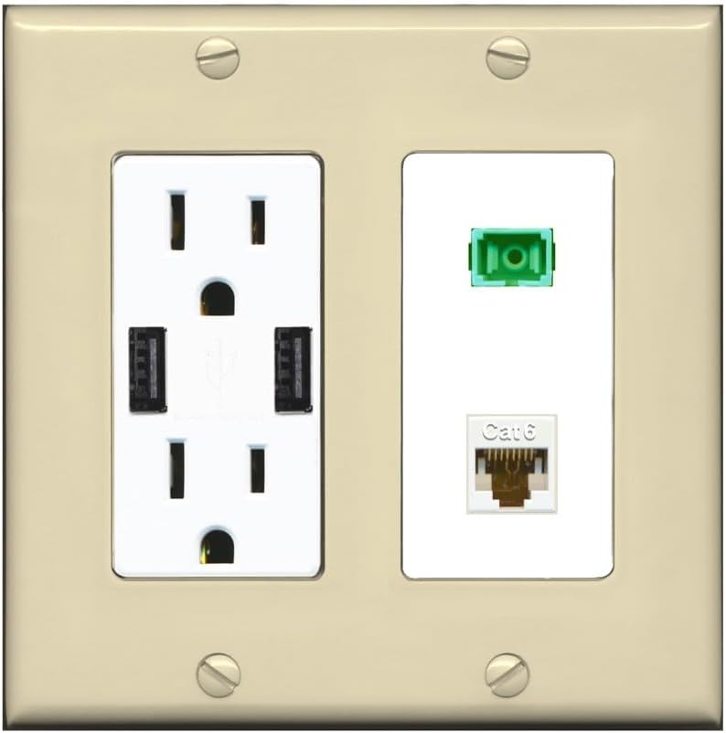 RiteAV 1 Port Fiber Optic Jack SC Simplex APC + Cat6 Wall Plate - USB Charger Outlet [Stainless/White]