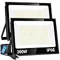 ISUERFY 300W LED Flood Light Outdoor with Plug, 36000LM Ultra Brighter Security Light, IP66 Waterproof Exterior Plug in Floodlight, 5000K Daylight White for Lawn Yard Garden Stadium(2 Pack)