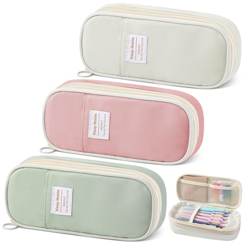 Image of Lincia 3 Pcs Large Capacity Pencil Case Back to School Gifts Big Pencil Pouch 3 Compartment Stationery Pen Bag for Teen Boys Girls Men Women(Beige, Pink, Green)
