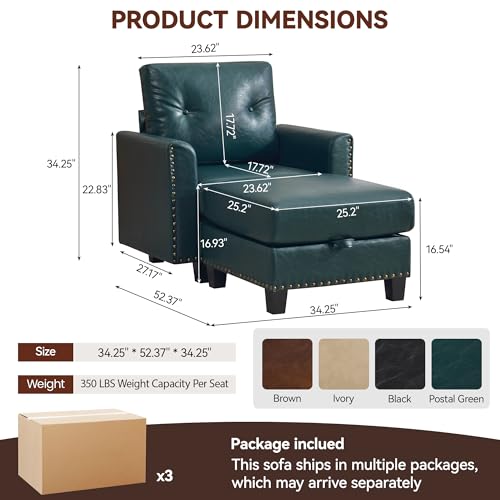 Image of 34.3 inch Faux Leather Modular Sectional Single Couch with Storage Ottoman, Vintage PU Leather Lounge Sofa Chair with Nailhead Trim, Mid Century Modern Tufted Couches for Living Room,Office, Forest Green
