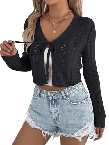 Image of Spicy Sandia Tie Front Sheer Shrug 3 /4 Sleeve Cropped Crochet Cardigan for Summer Lightweight