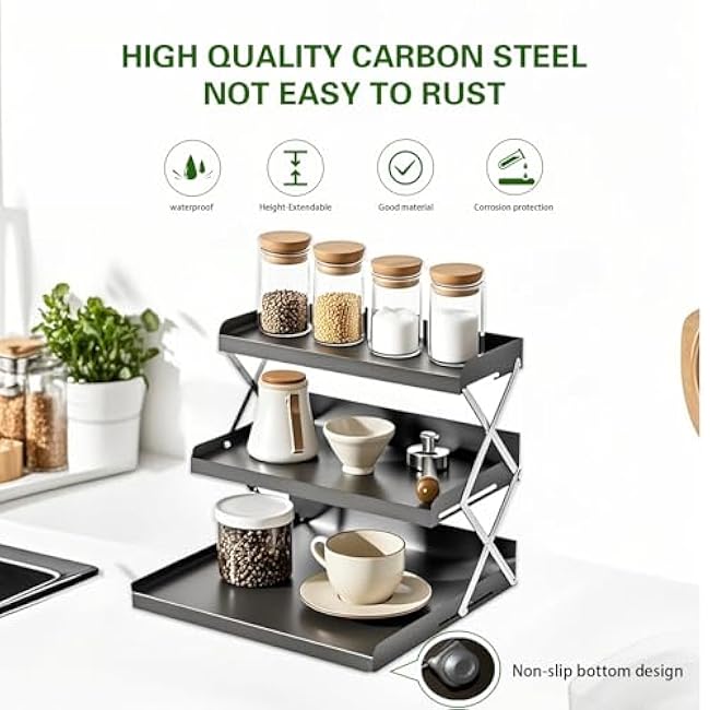 Spice Rack, Carbon Steel Foldable Kitchen Storage, 3-Tier Cup Organizer, 2-Level Adjustable, Black Counter Shelves, Includes Milk Frother and 100 Straws