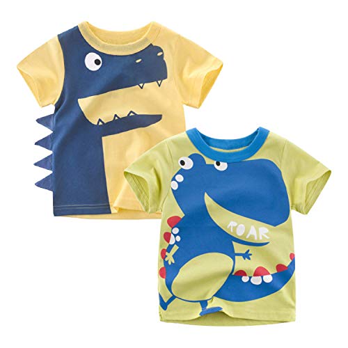 Toddler Little Boys T Shirts 2 Pack Short Sleeve Crewneck Top Tee Dinosaur Car Shark Shirts for 2-7 Years