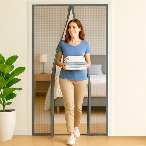 Image of Royalkart 90x215cm Grey | Magnetic Mosquito Net for Door | Fiberglass Screen Curtain with 34 Magnets | Auto-Closing Mesh to Keep Mosquitoes Out