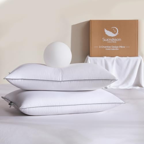 Swandream Goose Feather and Down Bed Pillows Standard Size Set of 2, Luxury 3-Chamber Pillows with Soft & Down-Proof Cover, Fluffy Plush Hotel Pillows for Side, Back & Stomach Sleepers - image 8
